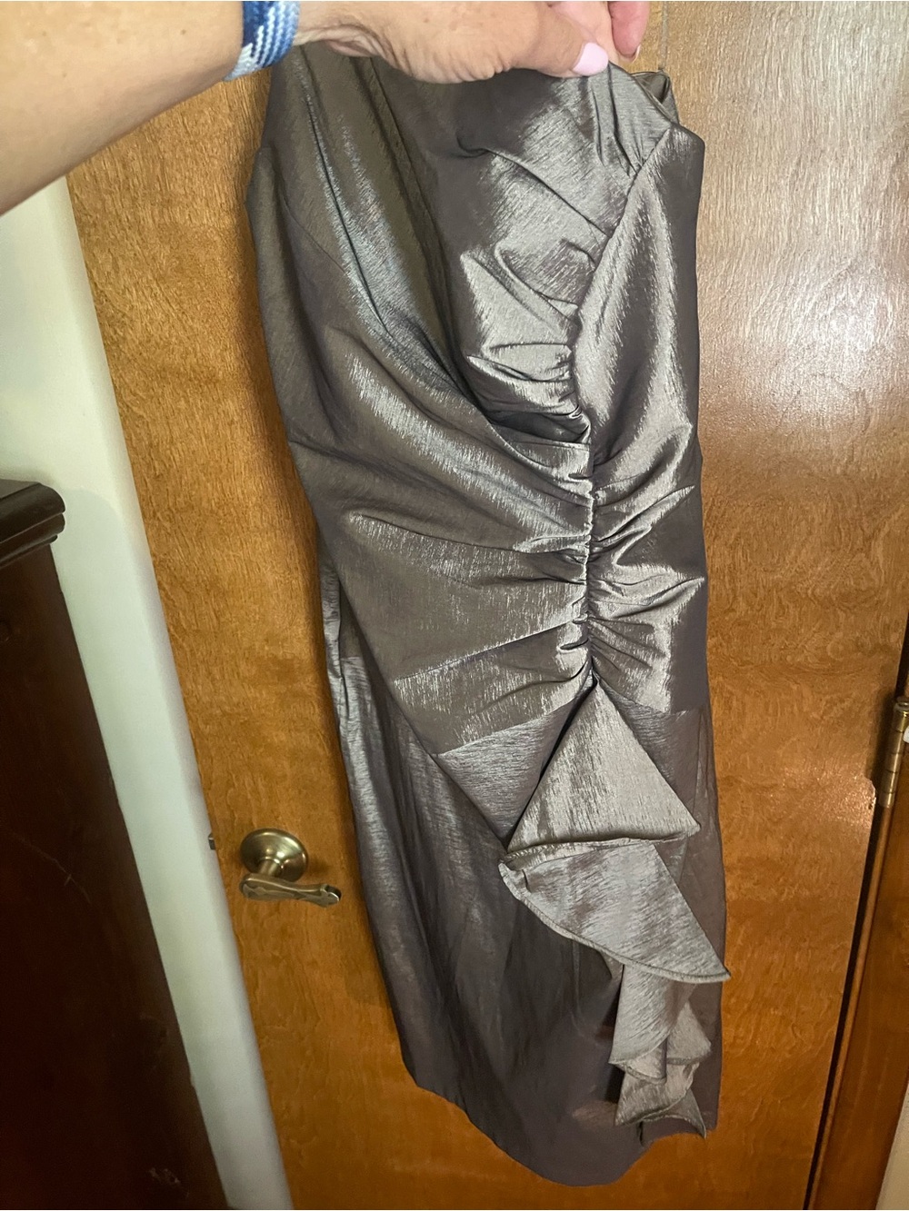 Sears One-Shoulder Metallic Taupe Sheath Dress - Picture 8 of 14